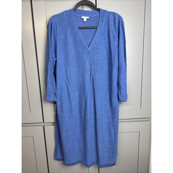 J Jill Tunic Sweater Blue Large Knit Linen Blend 3/4 Sleeve Side Slit Minimalist - Picture 1 of 9